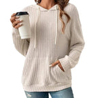 Fashion Drawstring Long-sleeved Hooded Sweatshirt With Pockets Solid Sunken Stripe Hoodie Knitwear Womens Clothing Pi-Mart