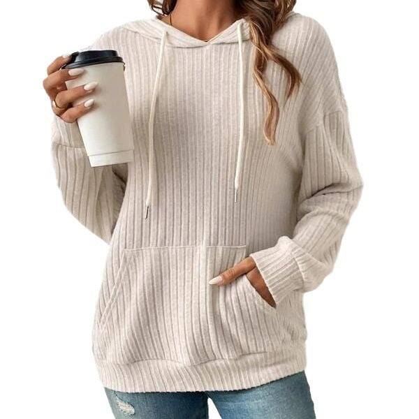 Fashion Drawstring Long-sleeved Hooded Sweatshirt With Pockets Solid Sunken Stripe Hoodie Knitwear Womens Clothing Pi-Mart