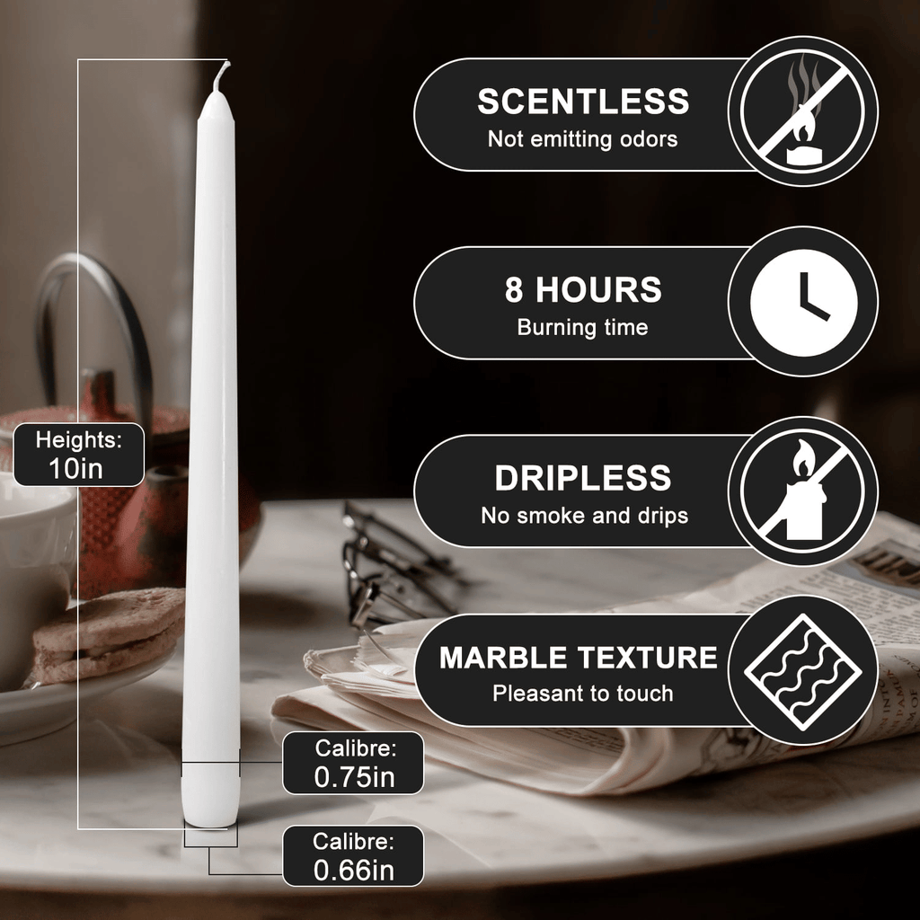 OSHINE 12 Pack Ivory Taper Candles - 10 Inch White Dripless Candles Sets , Unscented & Smokeless Candles ,8 Hours Long Burning for Wedding,Dinner,Party, and Home Decor Candlesticks