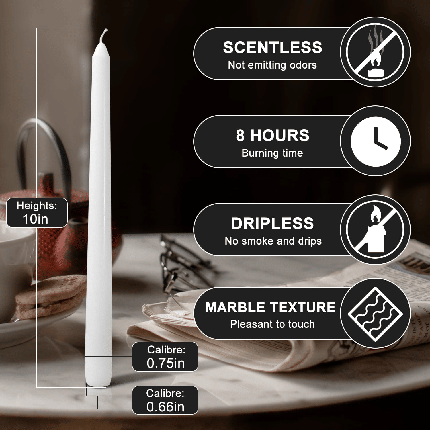 OSHINE 12 Pack Ivory Taper Candles - 10 Inch White Dripless Candles Sets , Unscented & Smokeless Candles ,8 Hours Long Burning for Wedding,Dinner,Party, and Home Decor Candlesticks