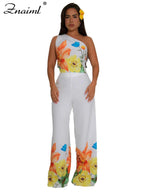 Znaiml Flower Print 2 Piece Pant Set Women Skew Collar Crop Tops and Wide Leg Pants Casual Summer Vacation Party Outfits 2025 Purplish Diva