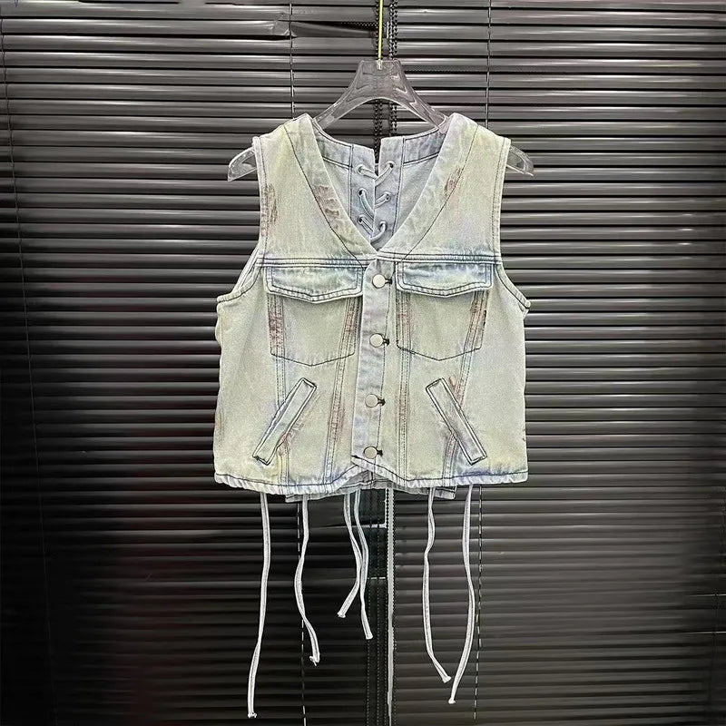 WTHT Vintage 2025 Summer Women's Bandage Single-breasted Denim Vest Fashion High-waisted Loose Wide Leg Jeans Female 1LS1482 Purplish Diva