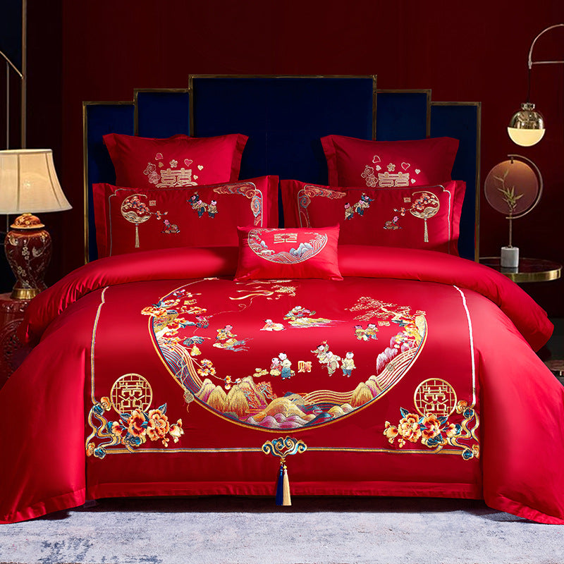 Red Wedding Four-piece Set Wholesale Cotton Wedding Embroidery Bedding Pure Cotton Marriage Bed Xi Quilt Cover Dragon And Phoenix Pi-Mart