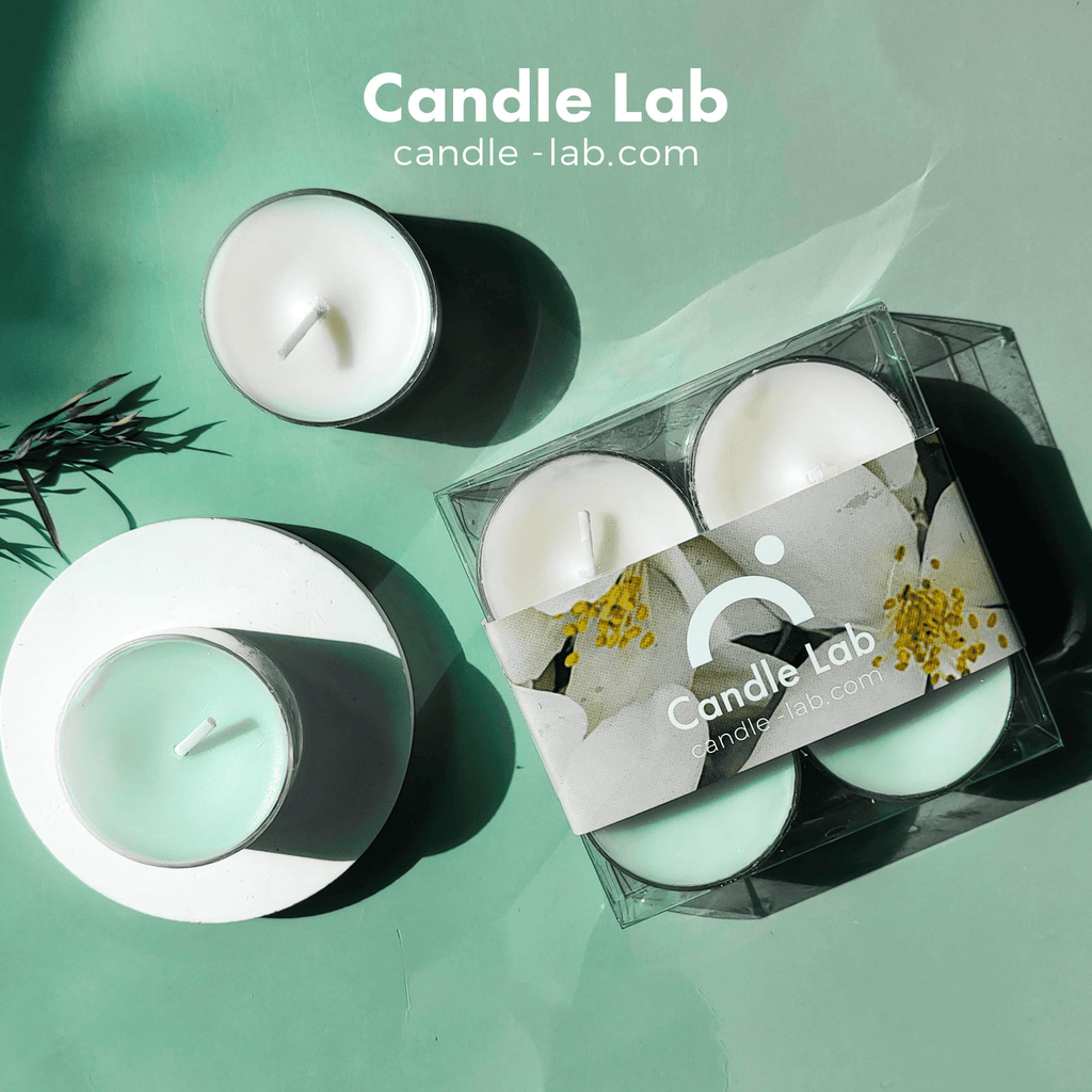 Candle Lab | Jasmine Scented Candles Tealight with 12 Hour Burn Time,Set of 4 Travel Pack for Puja, Ceremony, Home Therpy (Comes with Free 100 Pieces Candle Glue Dot Sticker) EasyOptionXY LLC