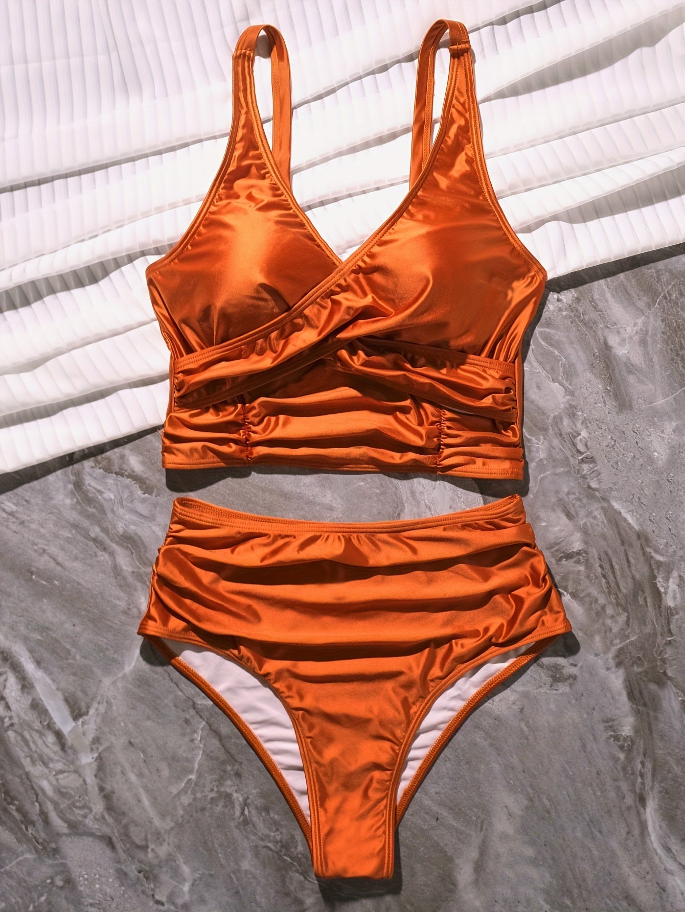 Bikini Solid Black Twist Front High Waist 2 Piece Swimsuit for Women – Stretchy V Neck Bikini Set with Ruched Tummy Control and Cross Strape Detail – Quick Drying Polyamide Swimwear for Beachwear Poolside and Summer Travel Stevvex