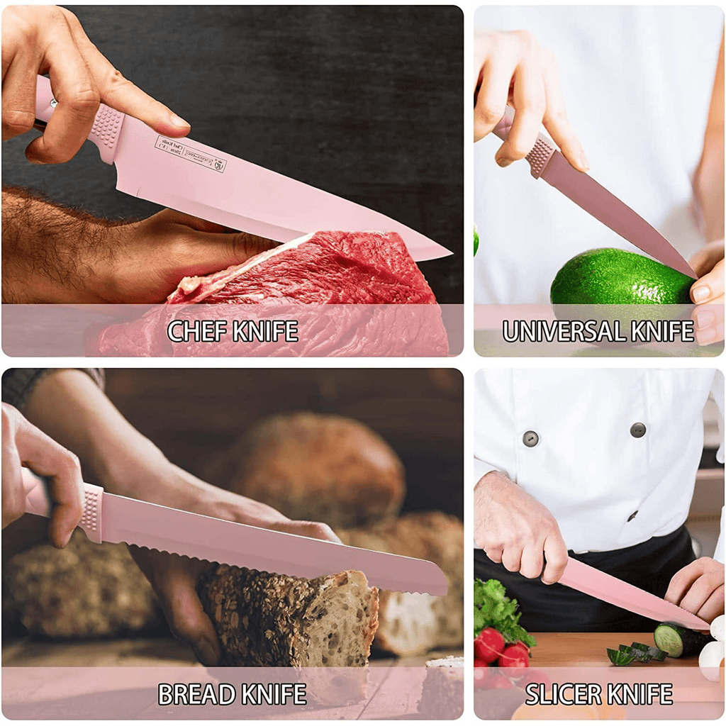 Kitchen Knife Set,Pink Flower 6PC Stainless Steel Sharp Chef Knife Set with Acrylic Stand, Cooking Non-slip Knife Set with Block, Non-stick Colorful Coating Gift for Women Girls EasyOptionXY LLC