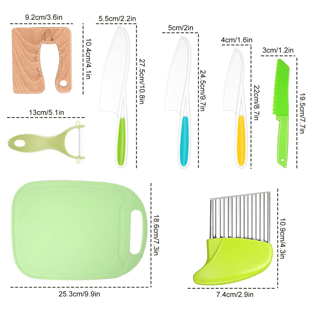 8 PCS Wooden Kids Safe Knives for Real Cooking Include Wood Kids Kitchen Knife Plastic Cutting Board Peeler Potato Slicers Cooking Knives Serrated Edges Toddler Knife for Kitchen EasyOptionXY LLC