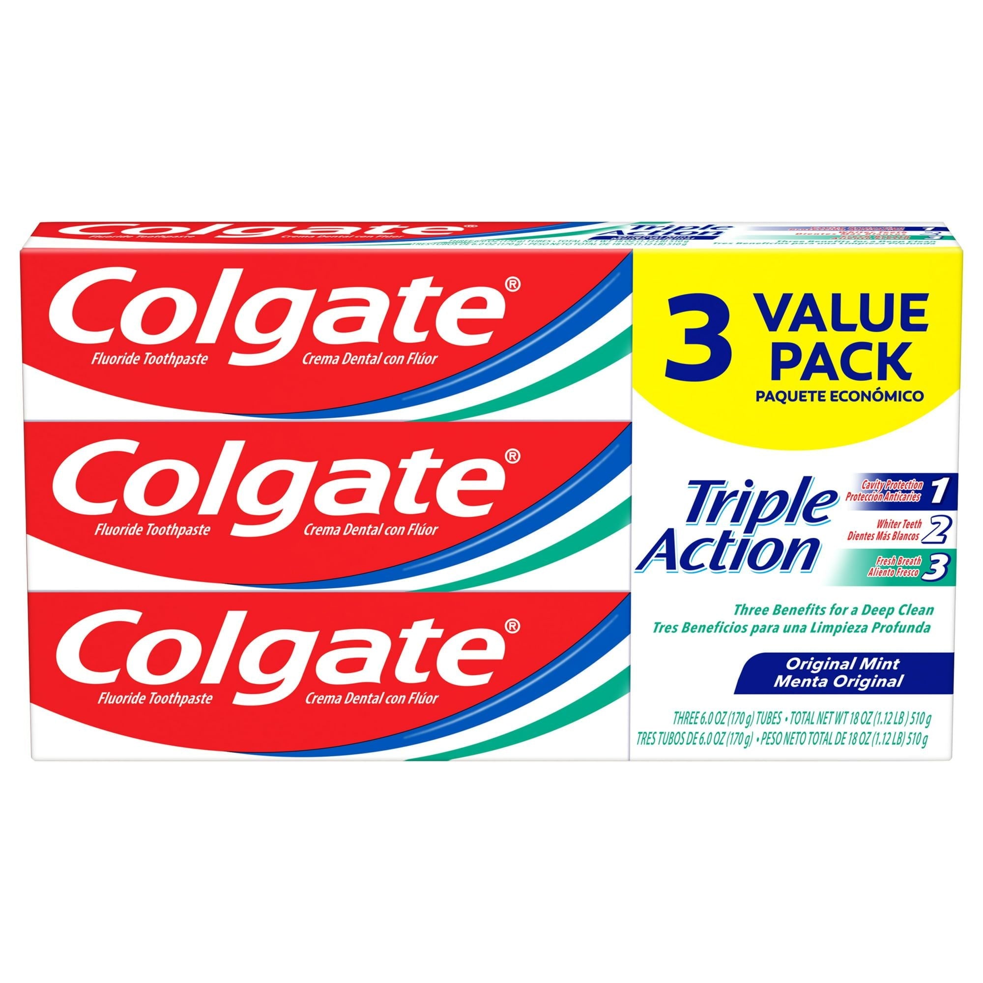 Colgate Triple Action Toothpaste; Original Mint; 3 Pack; 6 oz