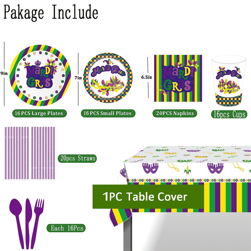 Mardi Gras Party Tableware Set,Mardi Gras Party Supplies Serves 16 Guests Including Paper Plates Napkins Tablecovers Cups Straws Cutlery for New Orleans Carnival Theme Party