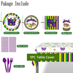 Mardi Gras Party Tableware Set,Mardi Gras Party Supplies Serves 16 Guests Including Paper Plates Napkins Tablecovers Cups Straws Cutlery for New Orleans Carnival Theme Party