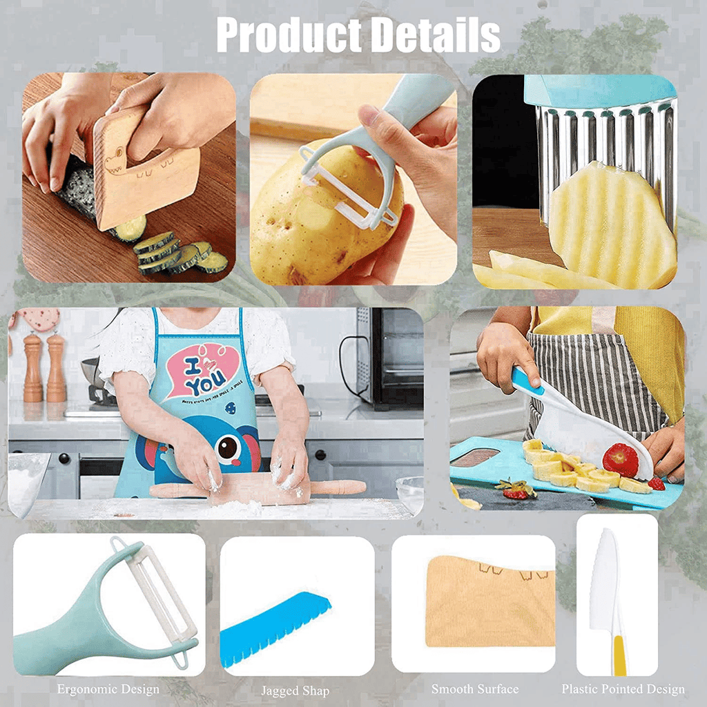Kids Cooking Set Real, Montessori Kitchen Tools, Toddlers Safe Knife Tools Set (Include Wood and Plastic Knife, Crinkle Cutter, Peeler, Cutting Board, Y Peeler, Apron), Gifts for Junior Boys Girls