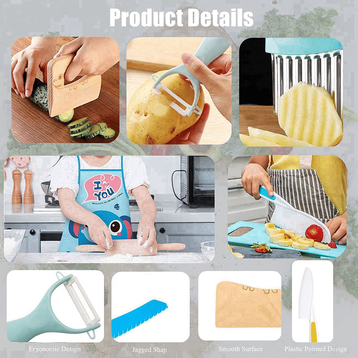 Kids Cooking Set Real, Montessori Kitchen Tools, Toddlers Safe Knife Tools Set (Include Wood and Plastic Knife, Crinkle Cutter, Peeler, Cutting Board, Y Peeler, Apron), Gifts for Junior Boys Girls