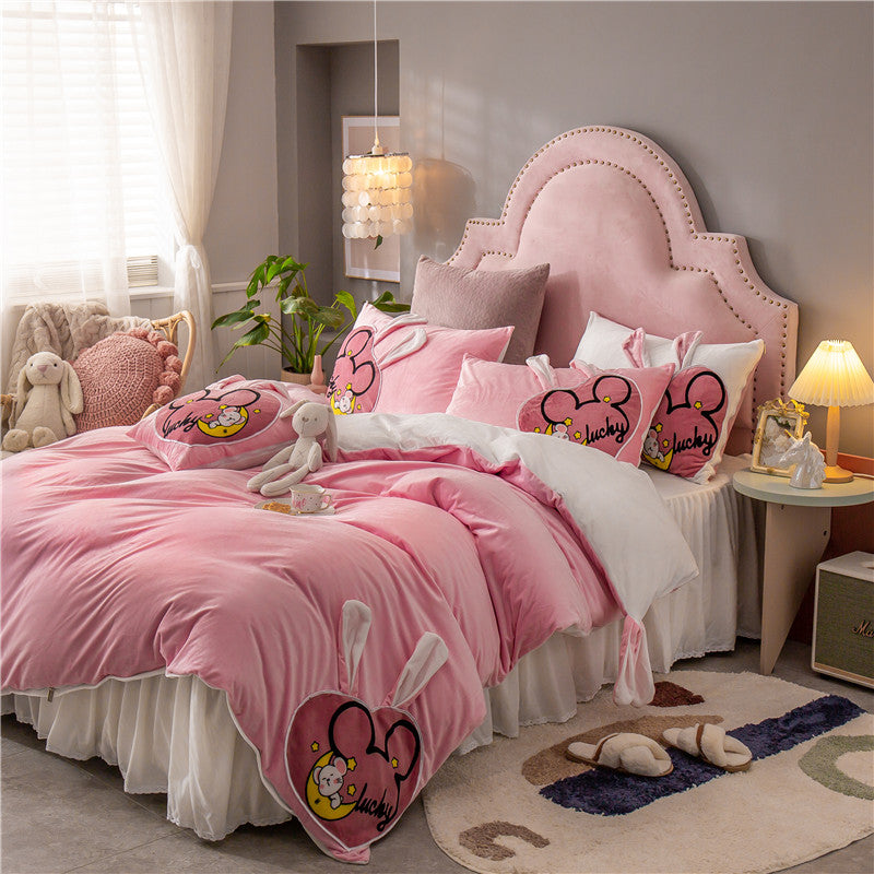 Coral Velvet Padded Warm Duvet Cover Princess Wind Bed Skirt Pi-Mart