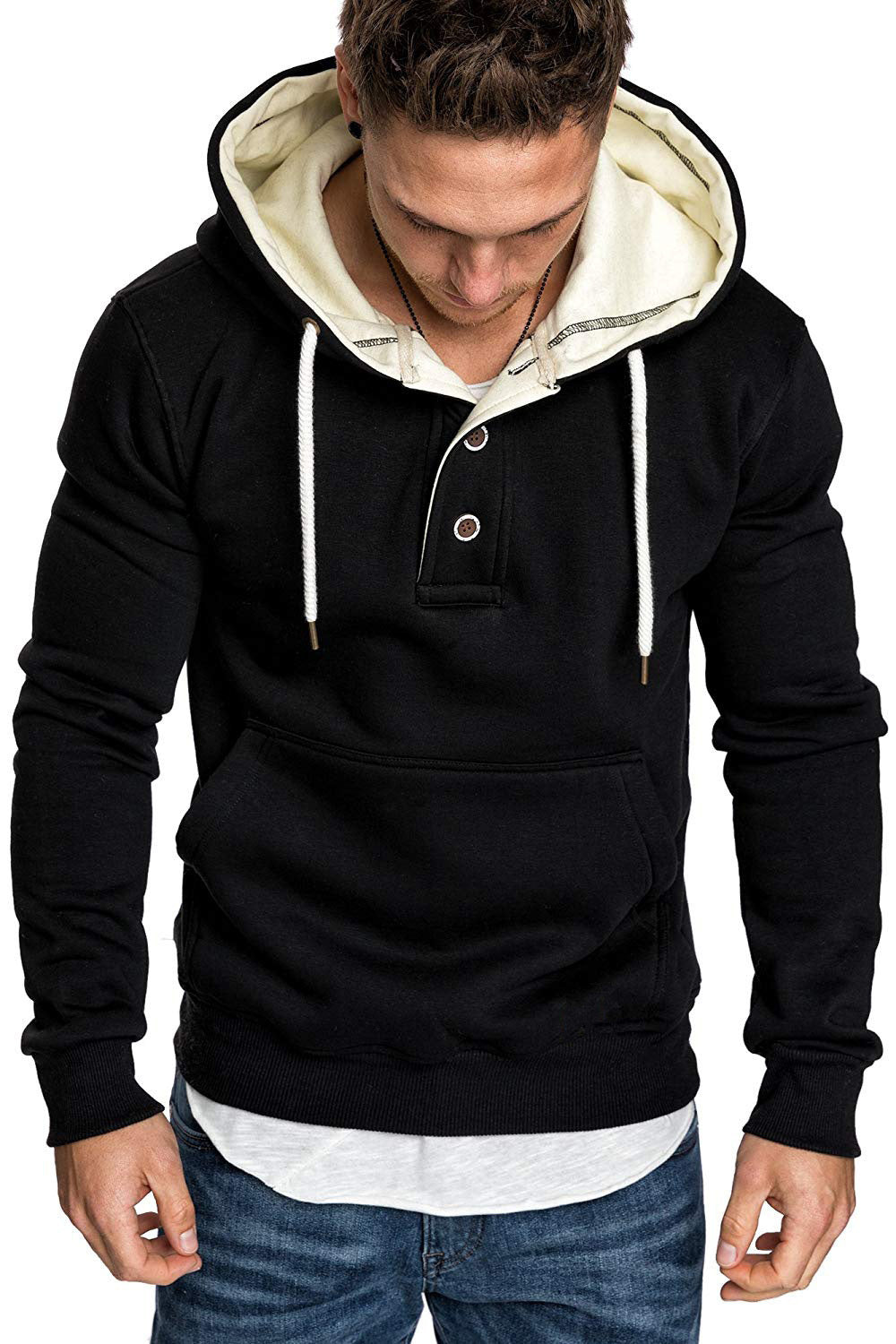 Button-Trim Hooded Fleece Sweatshirt - Cotton Blend Pullover with Pockets Pi-Mart