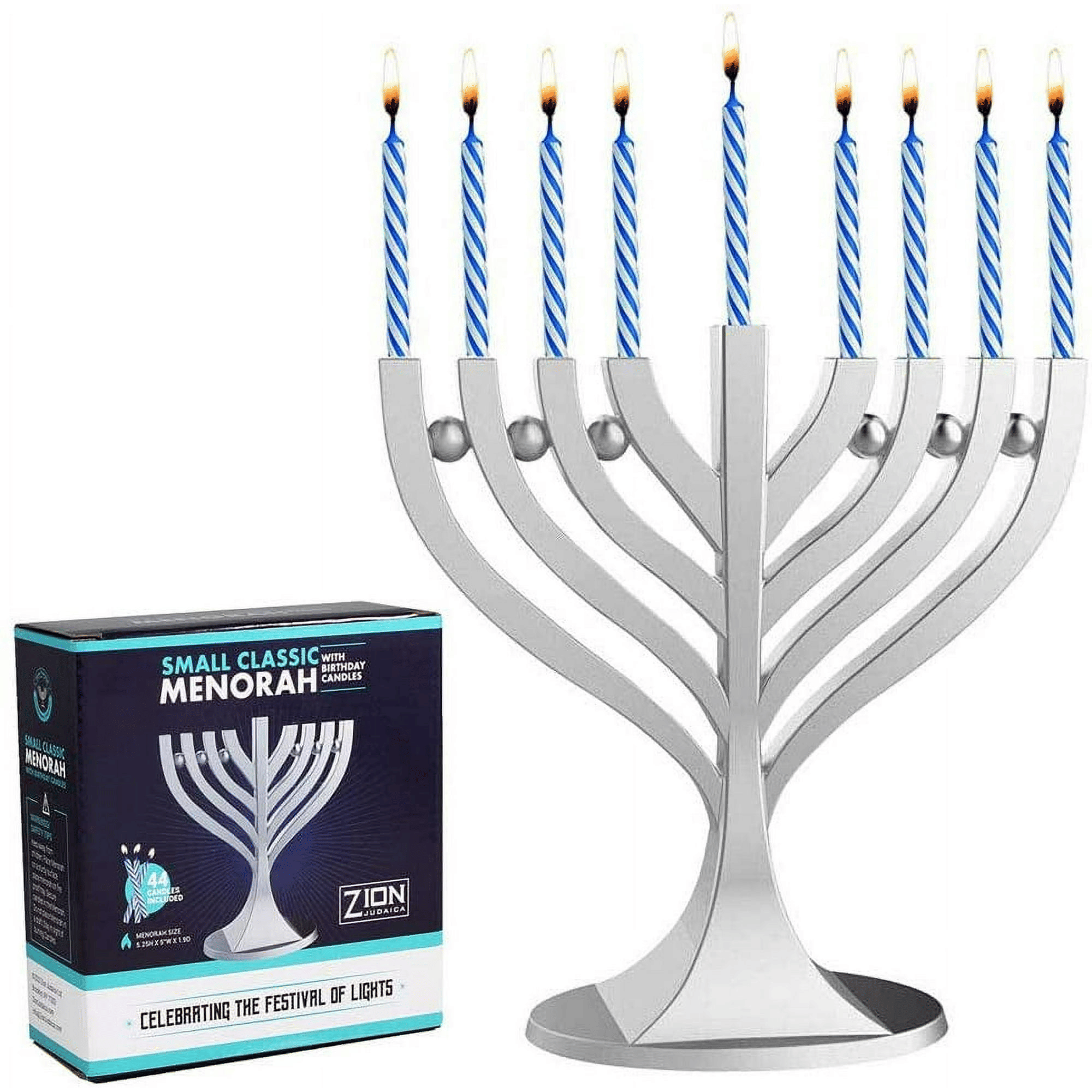 Zion J udaica Mini Classic Menorah with Mini Birthday Size H anukkah Candles - Satin Silver Small Travel Minorah with 44 Blue and White Spiral C hanukah Candles - On The Go Hanukkiah Cute H anukkah Gift