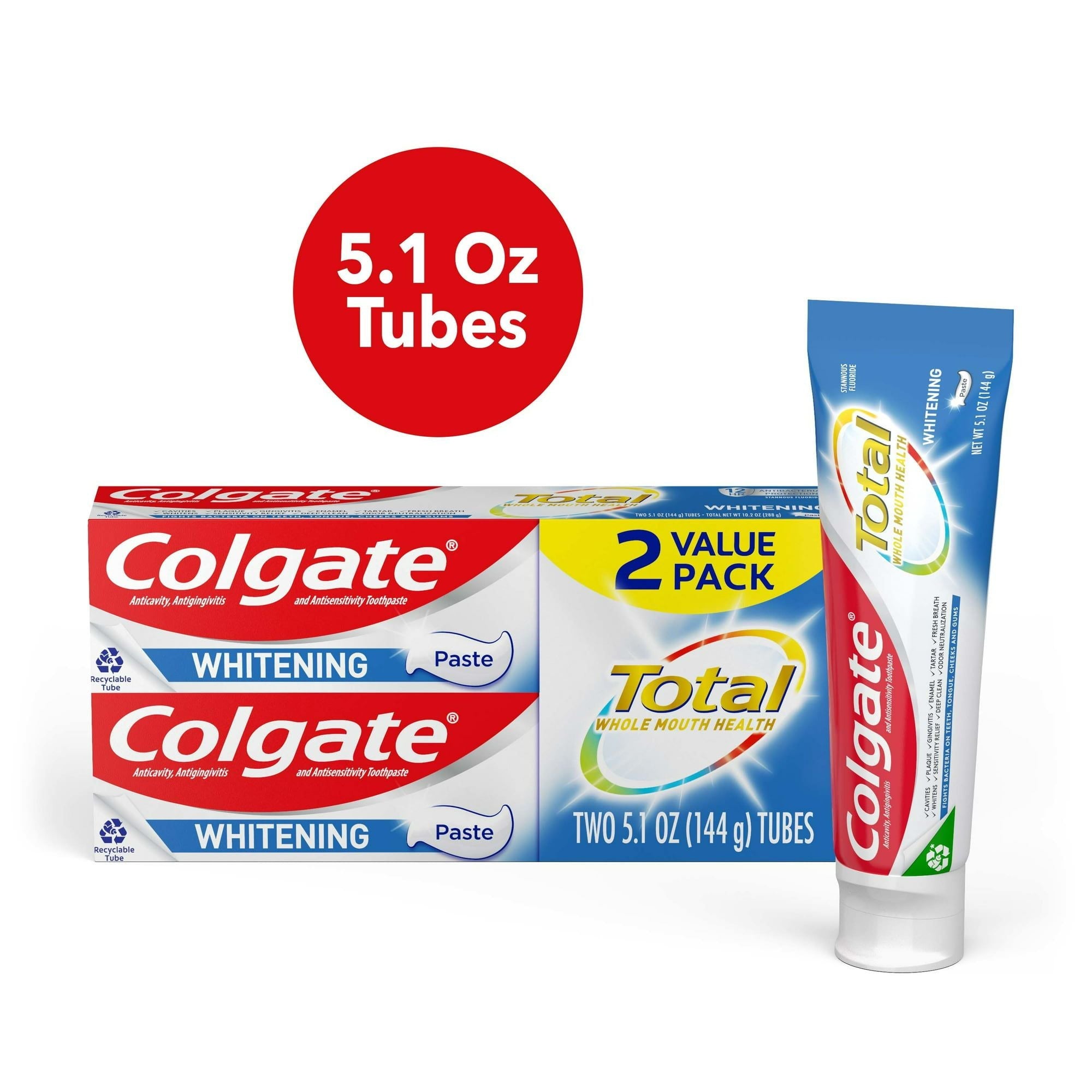 Colgate Total Teeth Whitening Toothpaste; Mint; 2 Pack; 5.1 oz Tubes