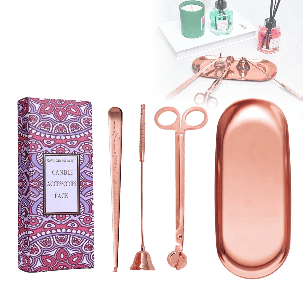 UCINNOVATE 4-in-1 Candle Accessory Set, Storage Tray, Candle Trim, Snuff, Wick Dipper, Care Set for Candle Lovers, Birthday, Christmas Gift -Pink Gold