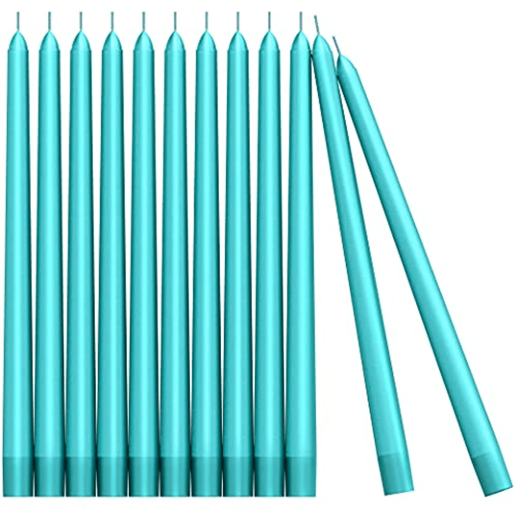 CANDWAX 10 inch Taper Candle Sticks Long Burning Set of 12 - Dripless Dinner Candles for Table Look Like Matte Metallic Candles and are Ideal for Any Occasion - Turquoise Glitter Taper Candles