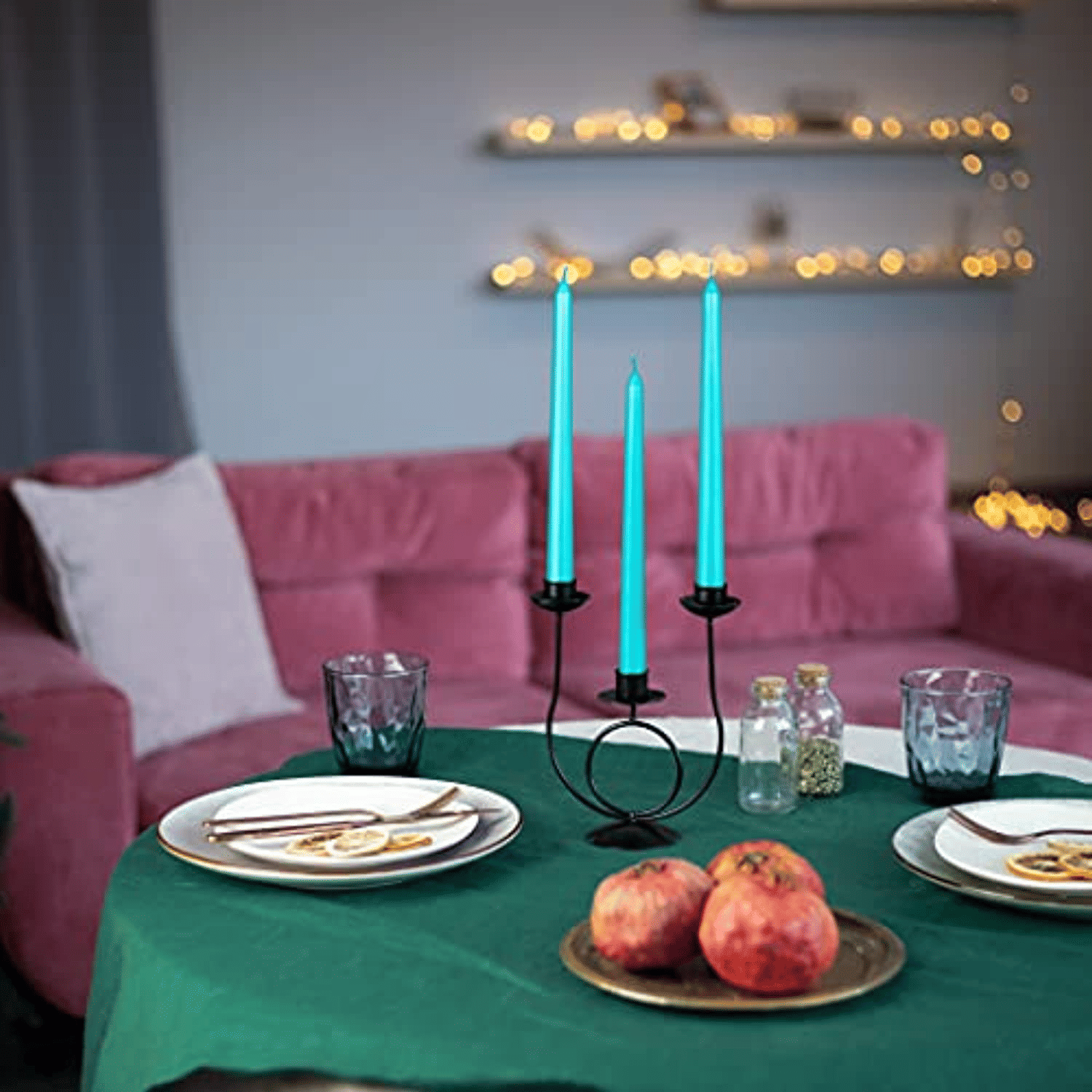 CANDWAX 10 inch Taper Candle Sticks Long Burning Set of 12 - Dripless Dinner Candles for Table Look Like Matte Metallic Candles and are Ideal for Any Occasion - Turquoise Glitter Taper Candles