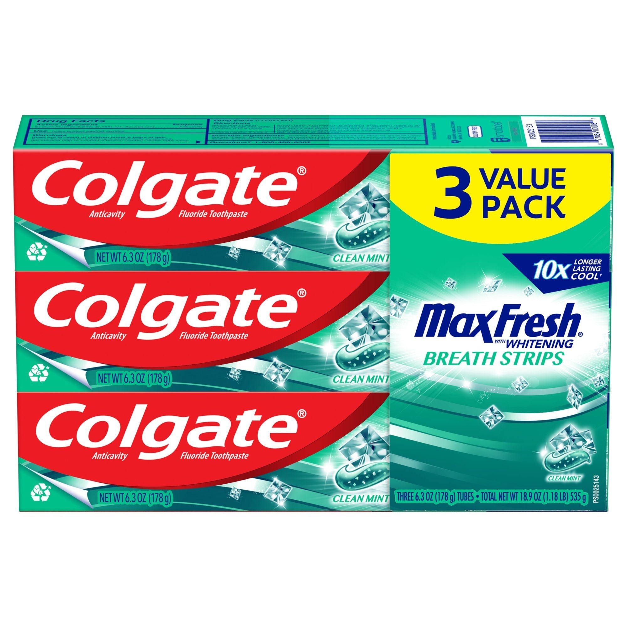 Colgate Max Fresh Toothpaste; Mini Breath Strips; Clean Mint; 3 Pack; 6.3 oz