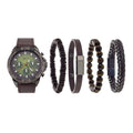 American Exchange Men's Faux Leather Analog Watch and 4 Piece Bracelet Set, Green Sunray/Cognac EasyOptionXY LLC