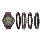 American Exchange Men's Faux Leather Analog Watch and 4 Piece Bracelet Set, Green Sunray/Cognac EasyOptionXY LLC