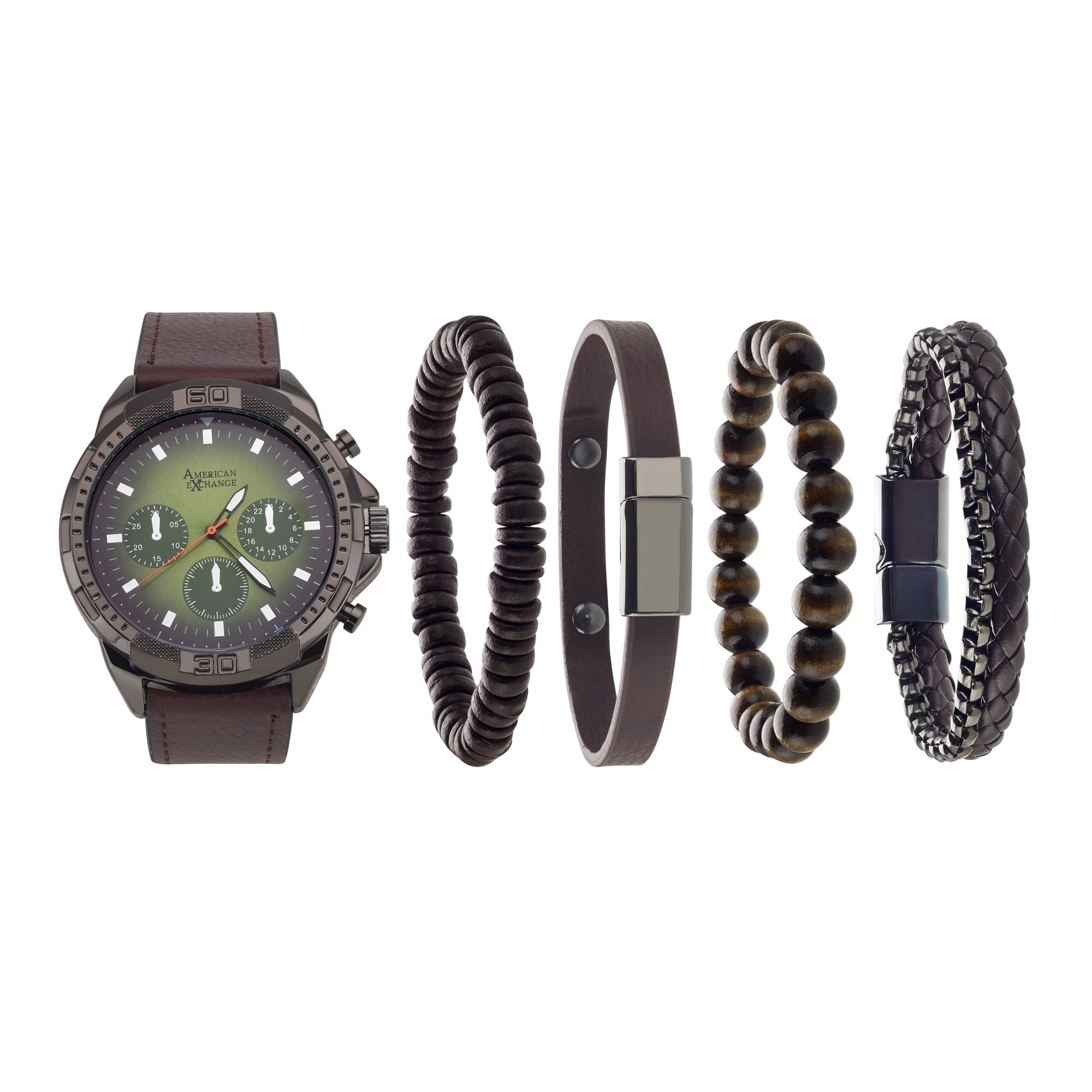 American Exchange Men's Faux Leather Analog Watch and 4 Piece Bracelet Set, Green Sunray/Cognac EasyOptionXY LLC