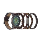 American Exchange Men's Faux Leather Analog Watch and 4 Piece Bracelet Set, Green Sunray/Cognac EasyOptionXY LLC