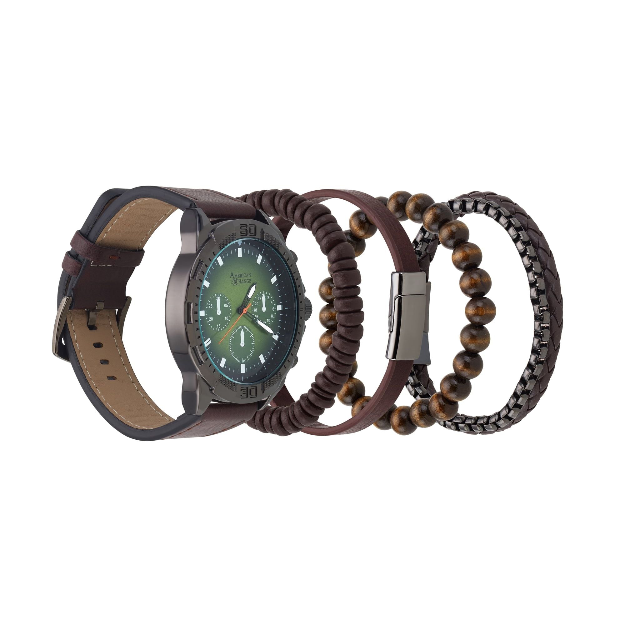 American Exchange Men's Faux Leather Analog Watch and 4 Piece Bracelet Set, Green Sunray/Cognac EasyOptionXY LLC