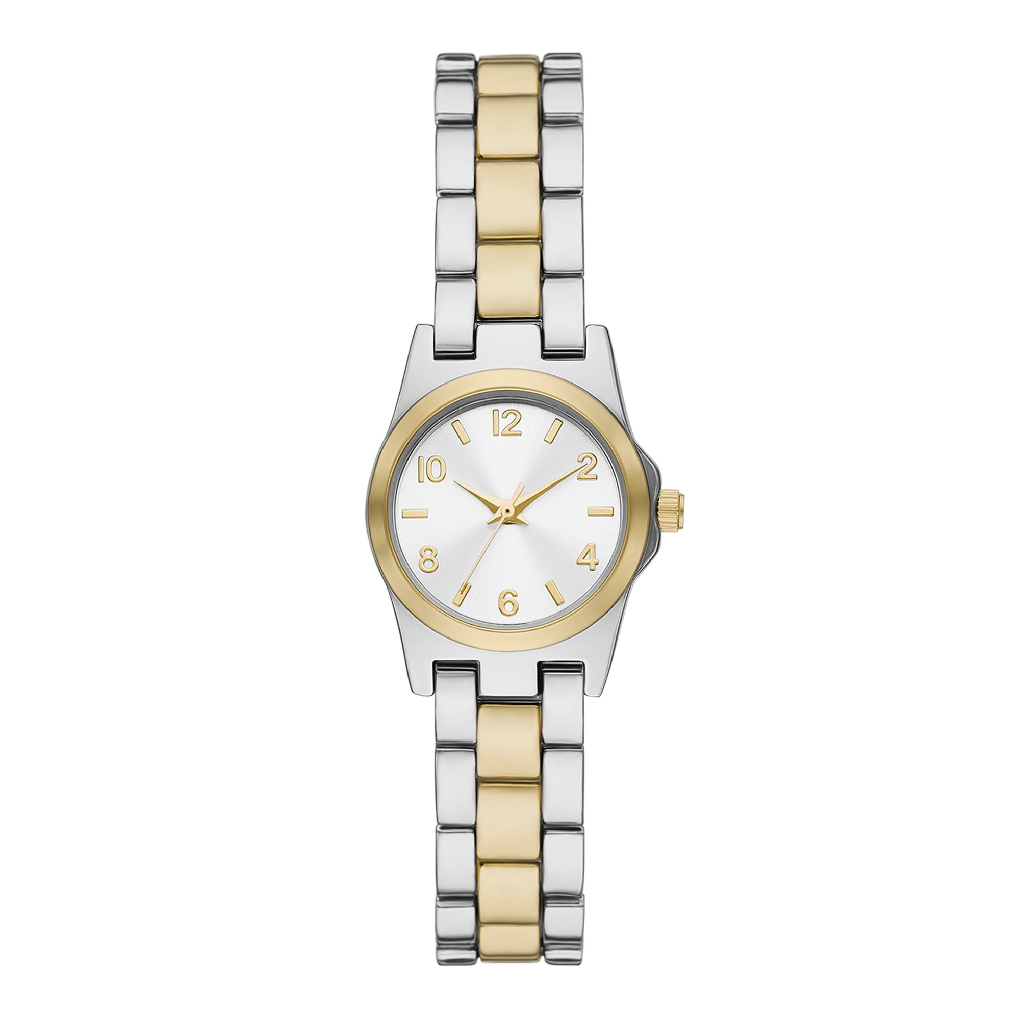 Time & Tru Women's Wristwatch: Two Tone Silver & Gold Round Mini Case and Bracelet, Gold Bezel, Silver Sunray Dial (FMDOTT105)