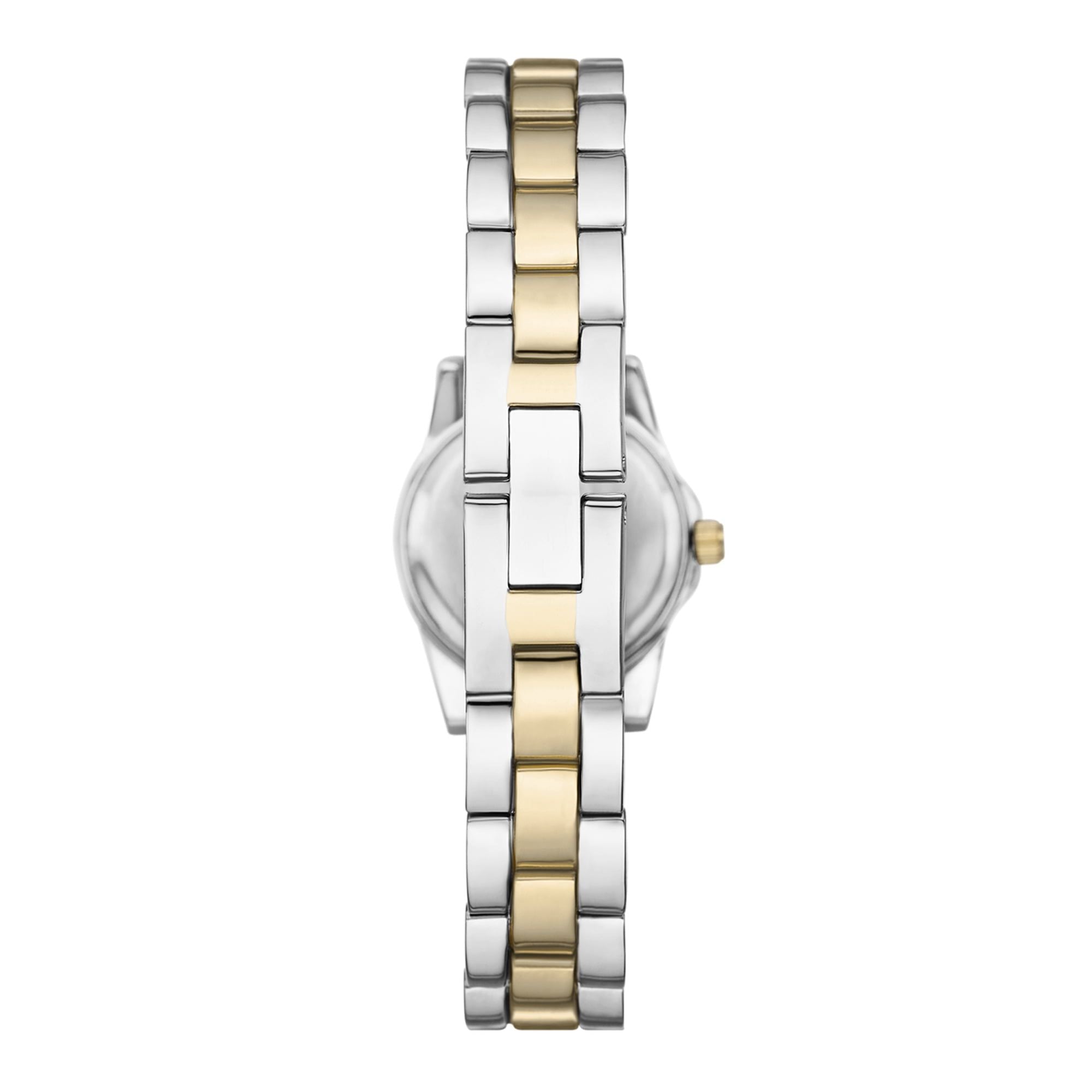 Time & Tru Women's Wristwatch: Two Tone Silver & Gold Round Mini Case and Bracelet, Gold Bezel, Silver Sunray Dial (FMDOTT105)