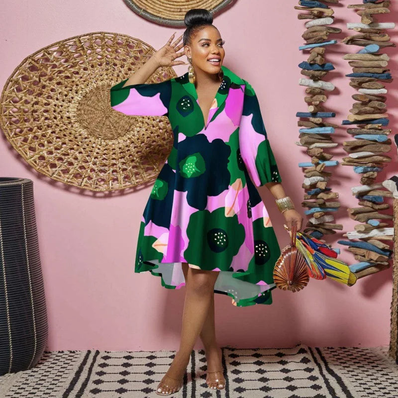 Women Sexy Fashion Printed Shirt Dresses Chic V Neck Loose Long Sleeve Dress Causal Vacation Female Mini Vestidos Robe Clothing Purplish Diva