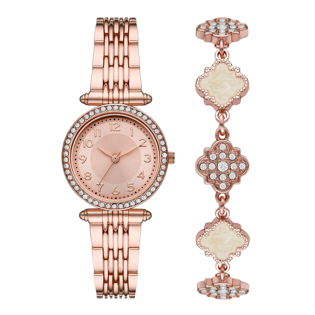 Time & Tru Women's Wristwatch Set: Rose Gold Tone T-Bar Watch and Bracelet Set Crystal Accents (FMDXTT046) EasyOptionXY LLC