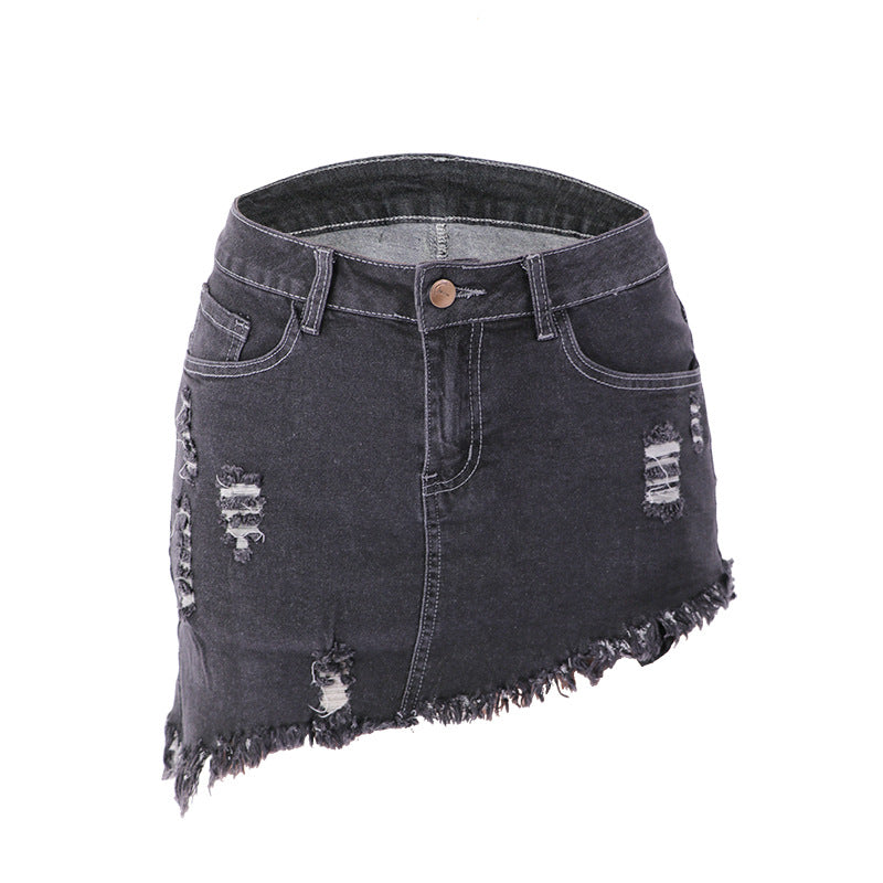 Western Style women's Short Wear Irregular Jeans With holes denim skirt for summer SHOMICOBOUTIQUE