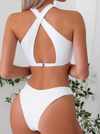 Bikini Criss Cross Neck 2 Piece High Cut Flattering Swimsuit for Women – Elegant Solid Color Bikini Set with Stretchy Cross Strap Detailing – Comfortable and Stylish Swimwear for Poolside Lounging Beach Days & Summer Vacations