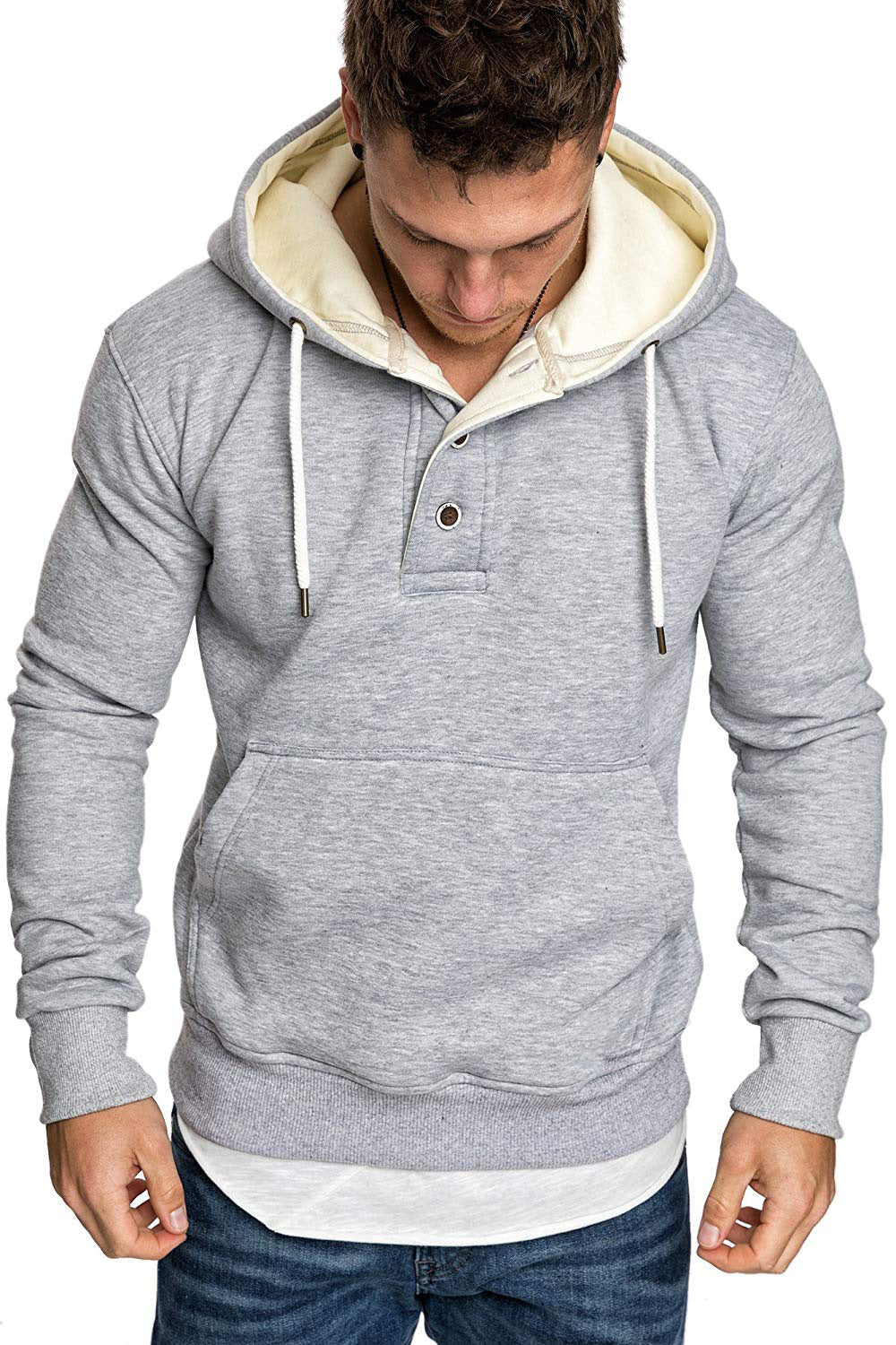 Button-Trim Hooded Fleece Sweatshirt - Cotton Blend Pullover with Pockets Pi-Mart