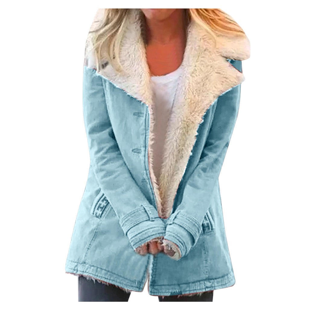 Women Plus Size Warm Coats Composite Plush Button Lapels Jacket Outwearcoat Pi-Mart