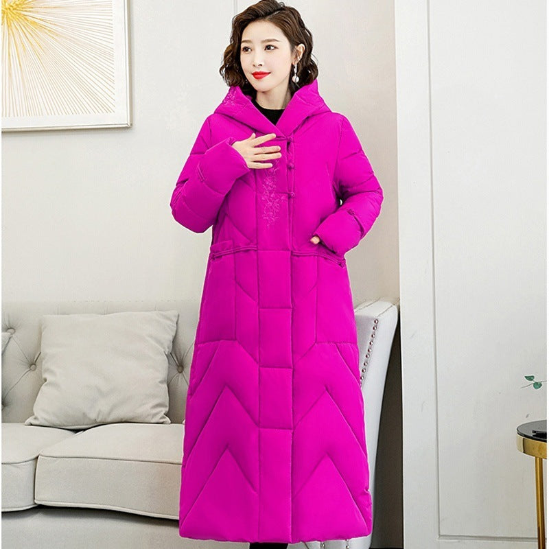 Plus Size Overknee Long Warm Hooded Cotton Jacket Pi-Mart