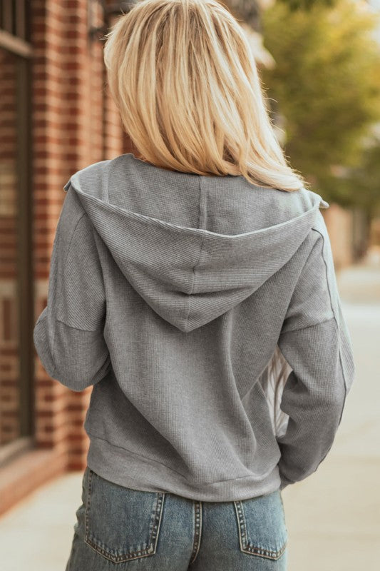 Waffle Zip Up Snap Button Hooded Jacket THRIXINE