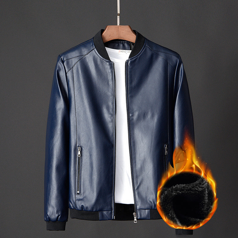 Slim Fit Men's PU Leather Jacket - Stand Collar Motorcycle Style Jacket (Regular Length) Pi-Mart