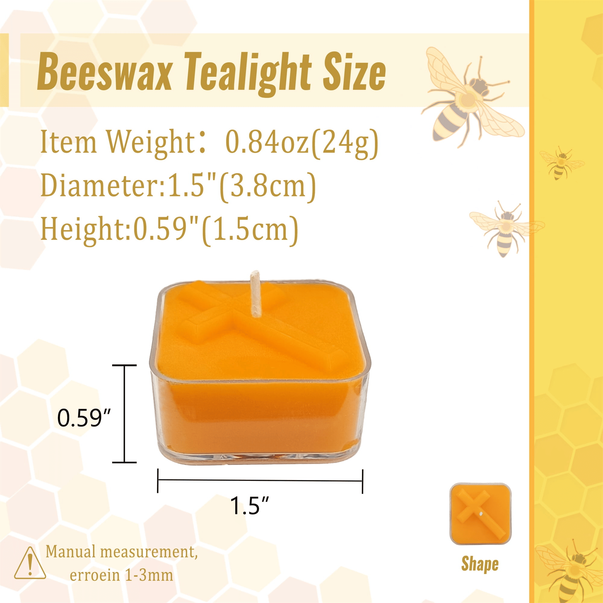Natural Beeswax Tea Candles, FCMSHAMD 24 Pack Handmade Beeswax Candles, Cross Pattern Square Smokeless Tealight Candles with Clear Cup Great for Home Decoration EasyOptionXY LLC