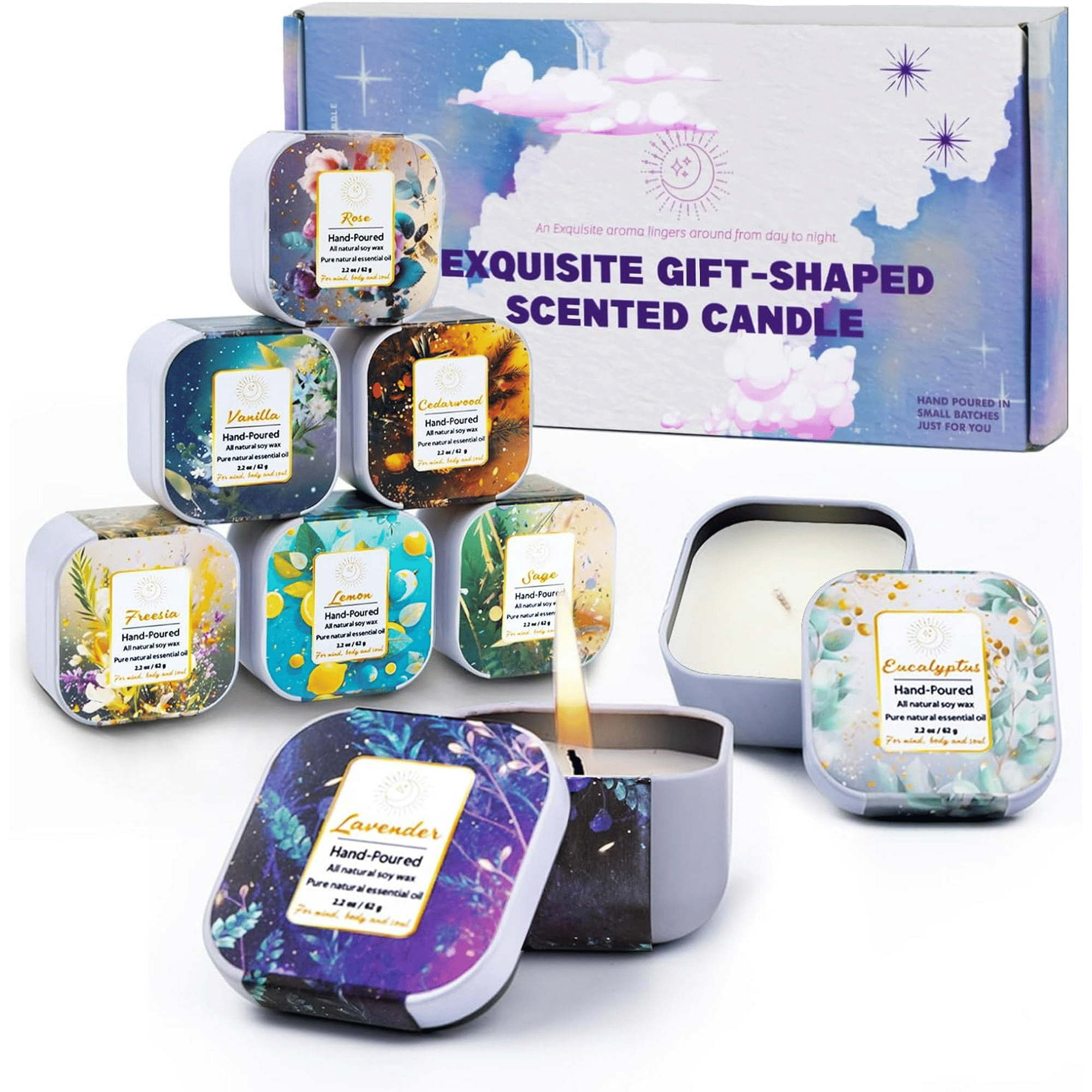HiHas 8PCS Square-Shaped Scented Candle Gift Set, Soy Wax Jar Candles for Housewarming Gift, Unique Bulk Candles for Home Scented EasyOptionXY LLC
