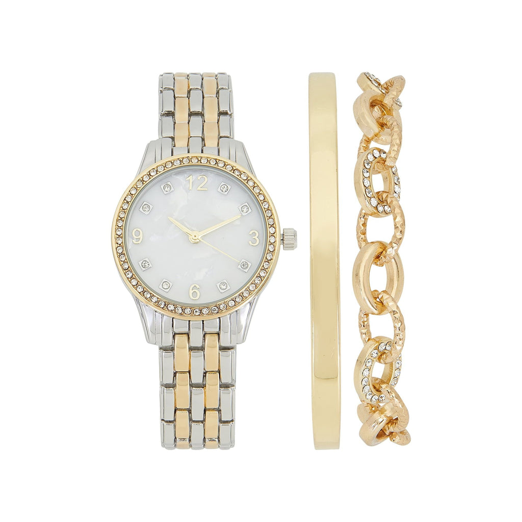 Time and Tru Women's Two Tone Round Watch and Link and Bangle Bracelet Set, 3-Piece EasyOptionXY LLC