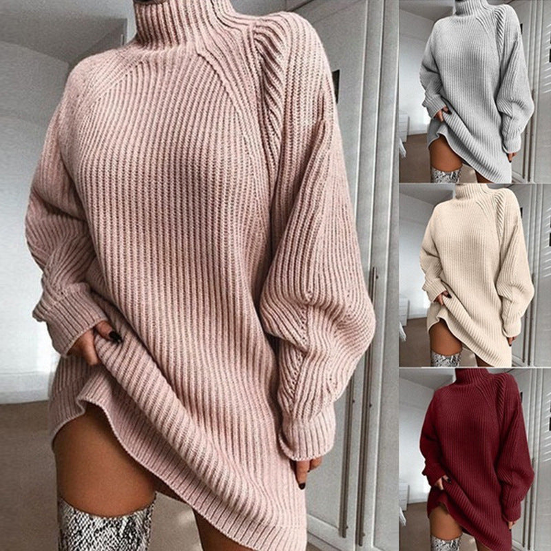 Solid Turtleneck Long Sweater Winter Warm Women Sweater Dress Pi-Mart