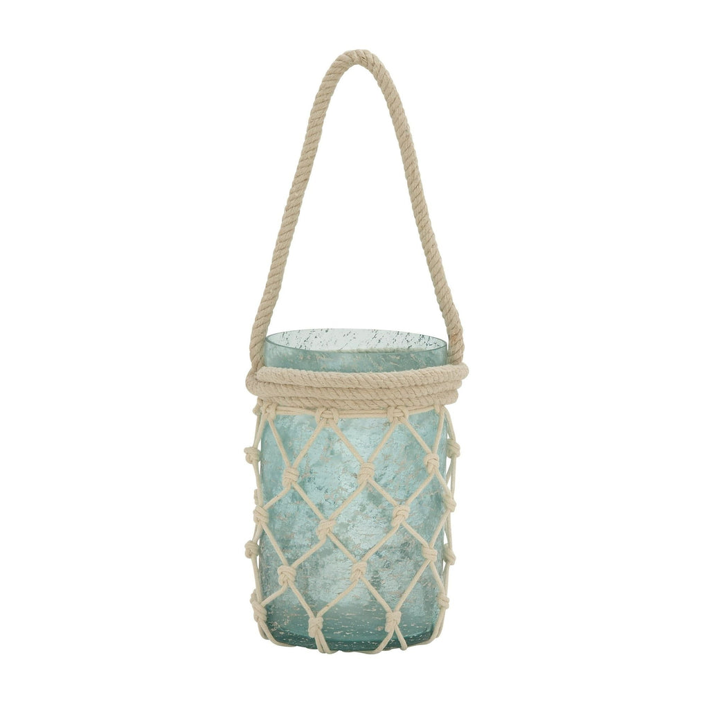 DecMode Blue Glass Decorative Candle Lantern with Rope Handle EasyOptionXY LLC