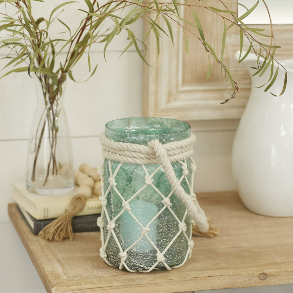 DecMode Blue Glass Decorative Candle Lantern with Rope Handle EasyOptionXY LLC