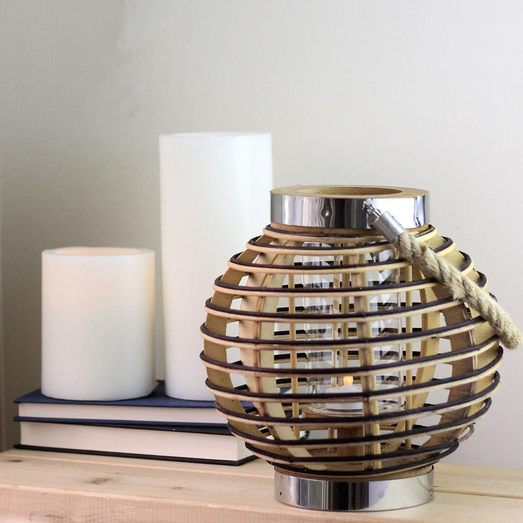 9.5" Rustic Chic Round Rattan Decorative Candle Holder Lantern with Jute Handle EasyOptionXY LLC