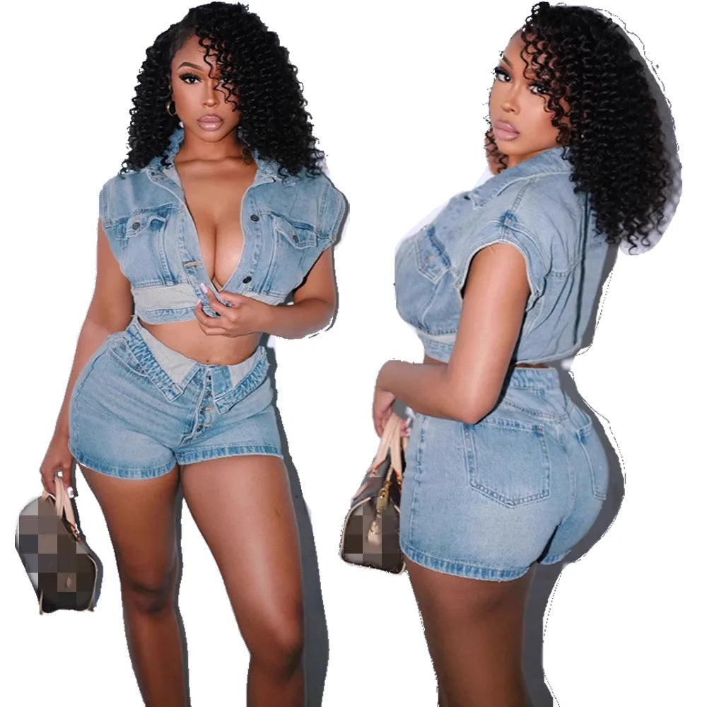 Y2k Fashion Washed Denim Women Shorts Set 2025 Summer Street Wear Sexy Clothes Jean Patchwork Two 2 Piece Matching Sets Outfits Purplish Diva