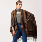 Oversized Scottish Hooded Cardigan - Fashionable Striped Shawl with Luxurious Tassels - Cozy, Windproof & Coldproof for Autumn Winter Outdoors - A Plush Blanket Shawl Cloak Lootquake LLC