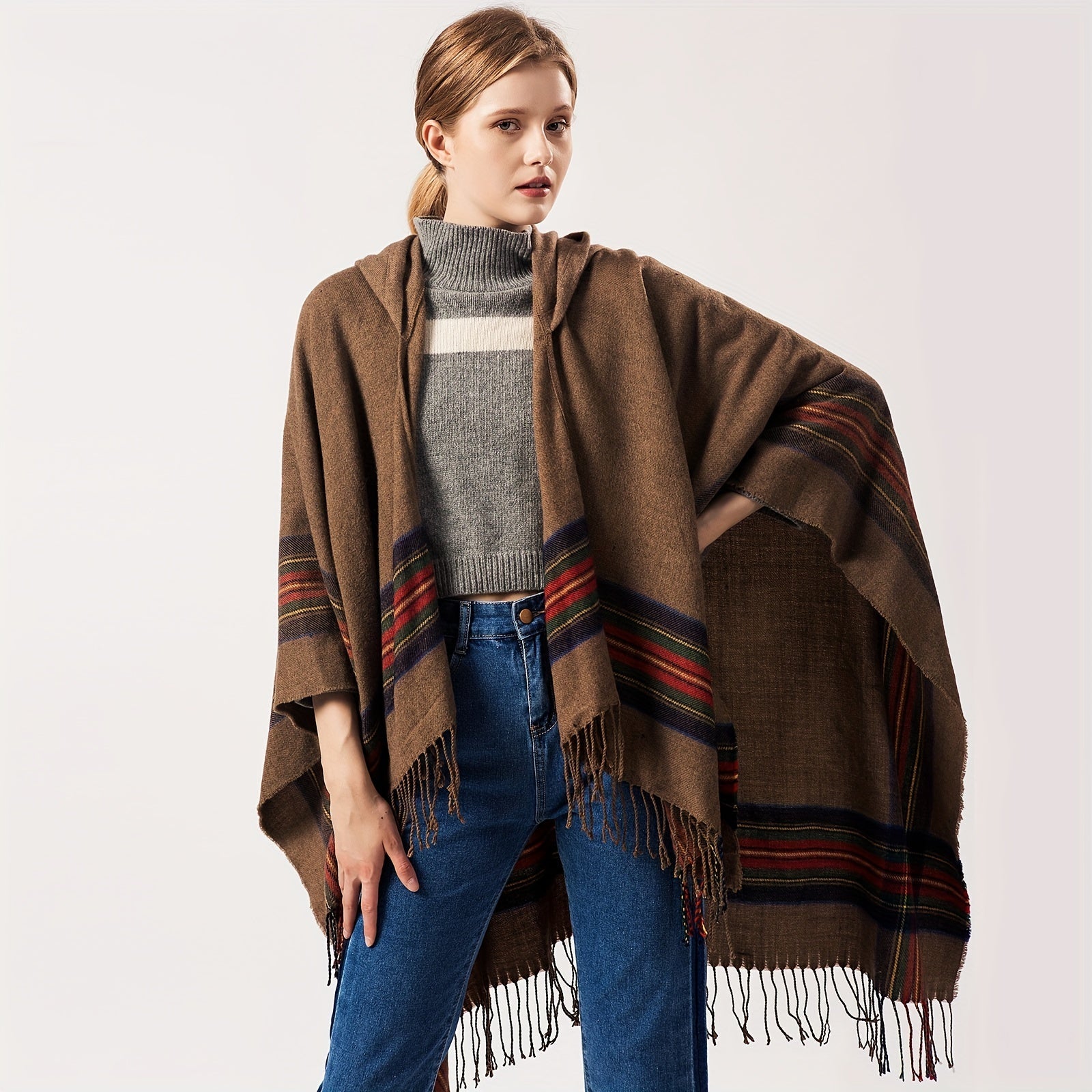 Oversized Scottish Hooded Cardigan - Fashionable Striped Shawl with Luxurious Tassels - Cozy, Windproof & Coldproof for Autumn Winter Outdoors - A Plush Blanket Shawl Cloak Lootquake LLC
